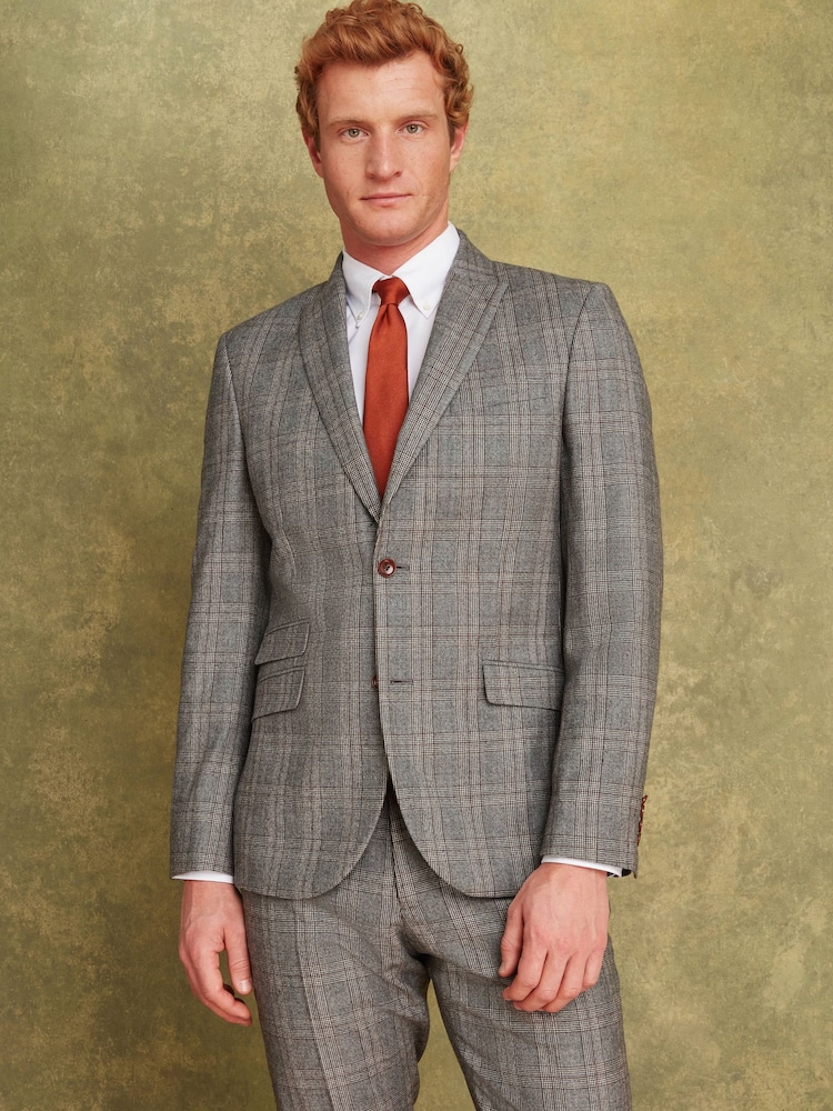 Joules Grey/Rust Check Wool Slim Fit Suit: Jacket - Image 1 of 8