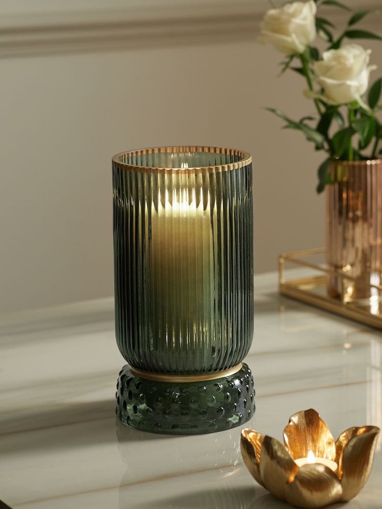 Green Ribbed Glass Hurricane Candle Holder Medium - Image 1 of 5