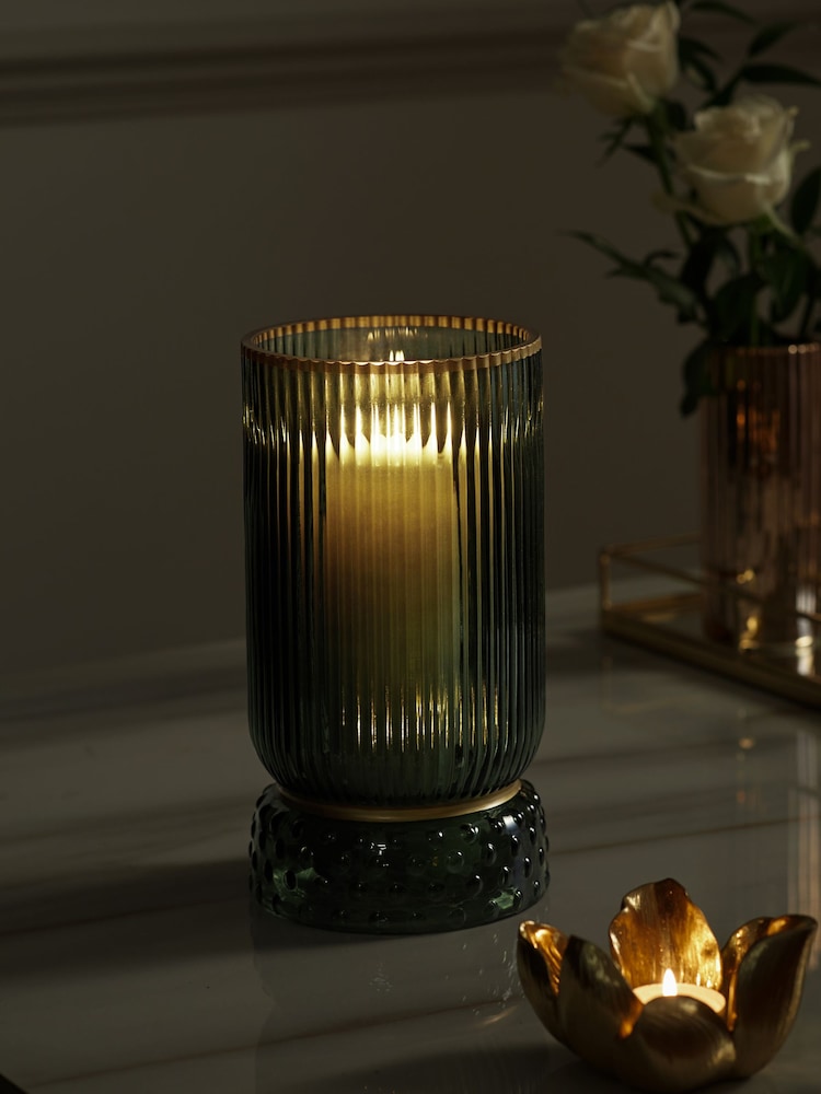 Green Ribbed Glass Hurricane Candle Holder Medium - Image 2 of 5