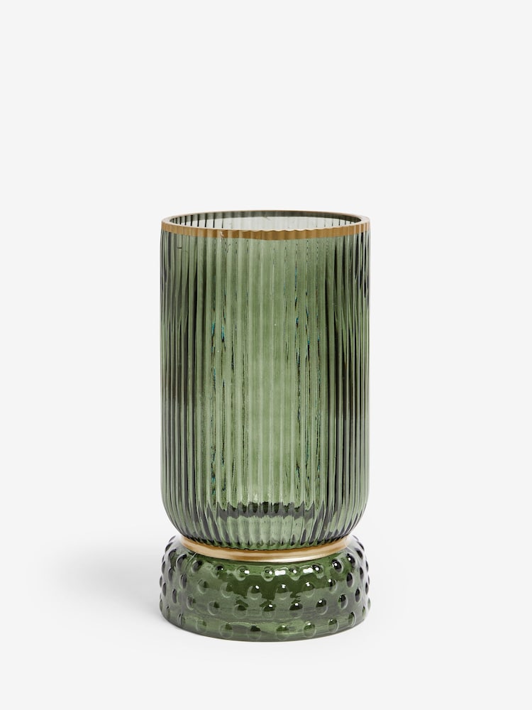 Green Ribbed Glass Hurricane Candle Holder Medium - Image 3 of 5