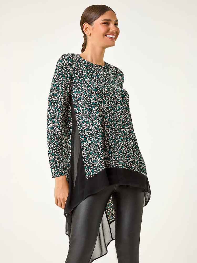 Roman Blue Ditsy Spot Print Chiffon Hem Tunic Top - Image 2 of 4 Roman Blue Ditsy Spot Print Chiffon Hem Tunic Top - Image 2 of 4