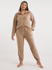 Figleaves Mocha Brown Luxury Soft Fleece Lounge Zip Top and Joggers Pyjama Set - Image 1 of 4