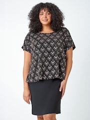 Roman Brown Curve Glitter Embellished Contrast Stretch Shift Dress - Image 1 of 5