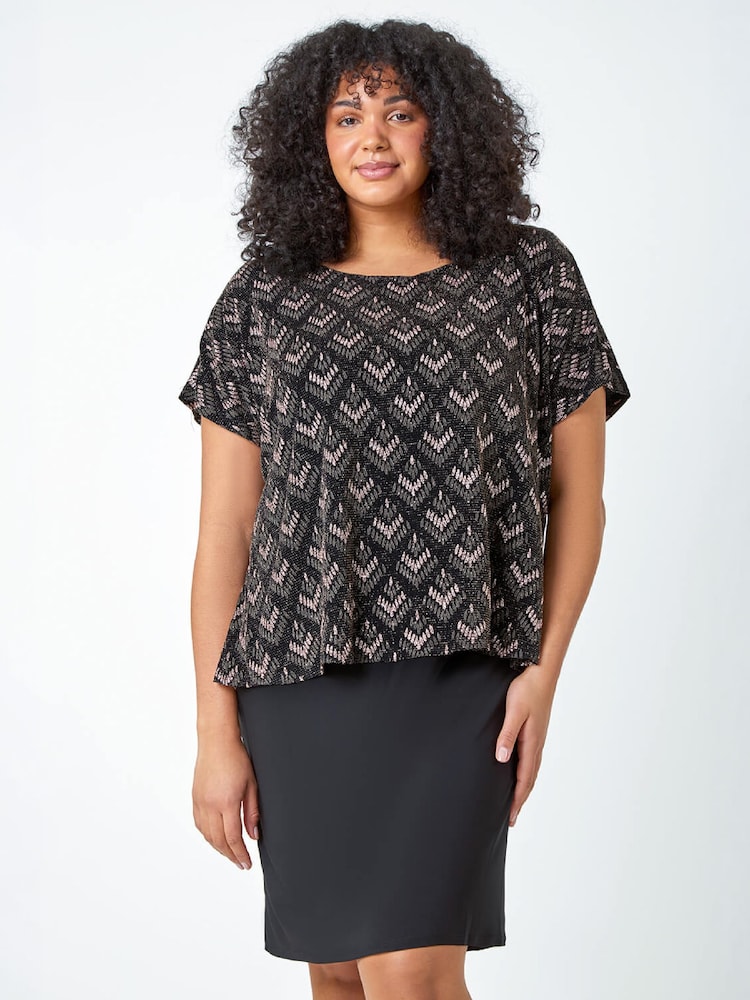 Roman Brown Curve Glitter Embellished Contrast Stretch Shift Dress - Image 1 of 5