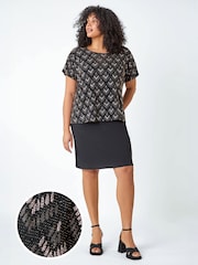 Roman Brown Curve Glitter Embellished Contrast Stretch Shift Dress - Image 3 of 5