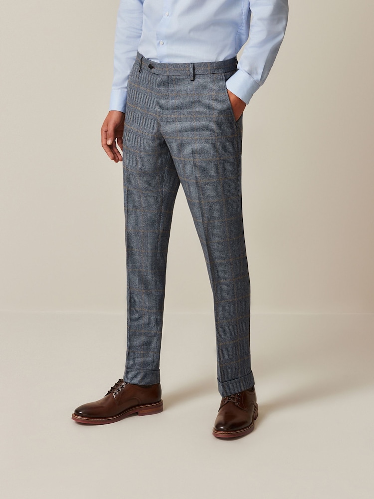 Blue Slim Fit Trimmed Check Suit Trousers - Image 1 of 7 Blue Slim Fit Trimmed Check Suit Trousers - Image 1 of 7