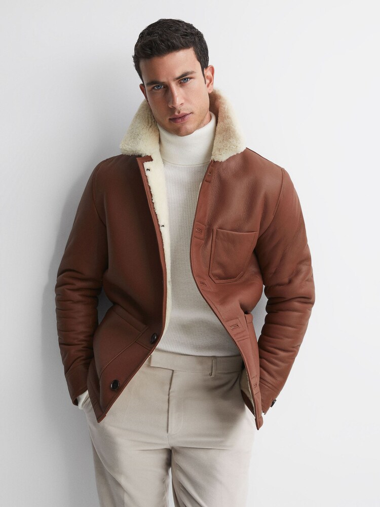 Reiss Brown Atlanta Leather Shearling Button-Through Jacket - Image 1 of 6