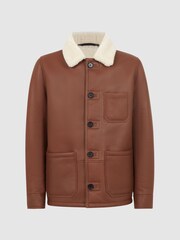 Reiss Brown Atlanta Leather Shearling Button-Through Jacket - Image 2 of 6