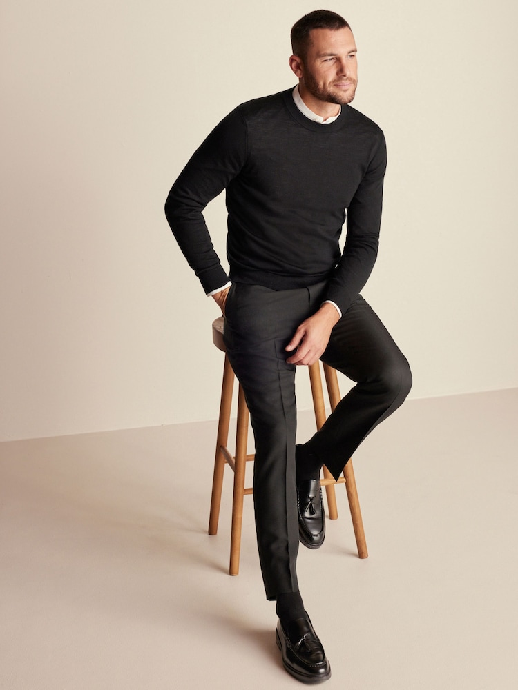 Black Trimmed Herringbone Textured Trousers - Image 2 of 9