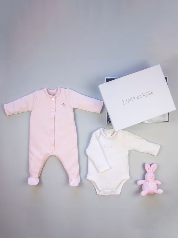 Emile et Rose Pink 100% Cotton All in One, Body Vest & Toy gift set - Image 1 of 3