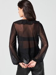 Schwarz - Mesh Tie Front Rüsche langärmelige Bluse - Bild 2 von 4