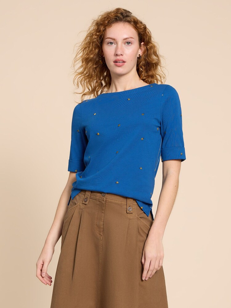 White Stuff Blue Sydney Boat Neck Embroidered T-Shirt - Image 1 of 7