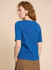 White Stuff Blue Sydney Boat Neck Embroidered T-Shirt - Image 2 of 7