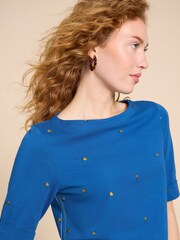 White Stuff Blue Sydney Boat Neck Embroidered T-Shirt - Image 4 of 7