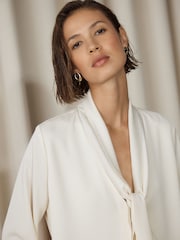 Ecru - Overhead Tie Neck Long Sleeve Blouse - 5суретінің 4 суреті