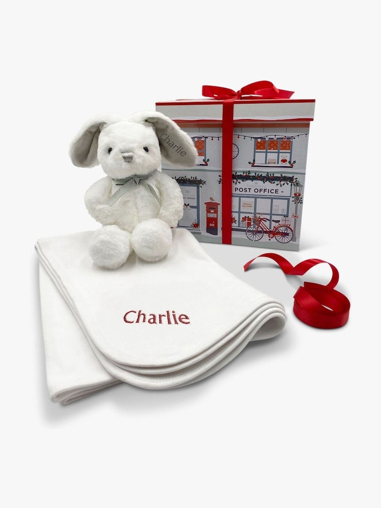 Babyblooms Personalised Winter Christmas 100% Cotton Bunny Soft Toy and Snuggle Wrap - Image 1 of 6