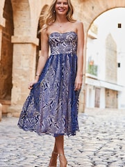 Sosandar Blue Bandeau Fit And Flare Lace Dress - Image 1 of 5