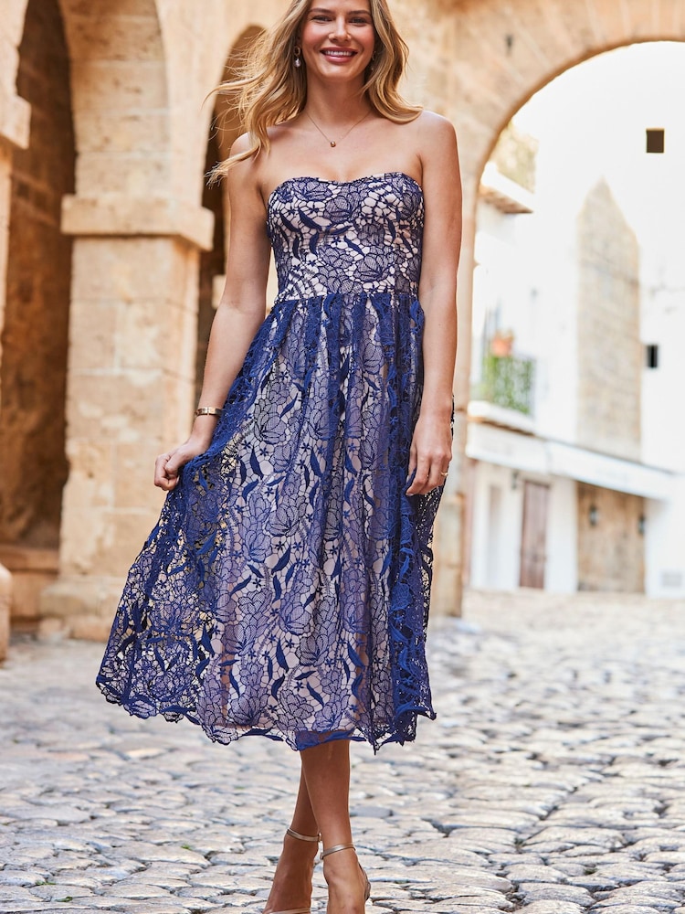 Sosandar Blue Bandeau Fit And Flare Lace Dress - Image 1 of 5