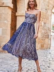 Sosandar Blue Bandeau Fit And Flare Lace Dress - Image 3 of 5
