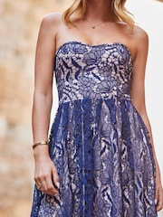 Sosandar Blue Bandeau Fit And Flare Lace Dress - Image 5 of 5