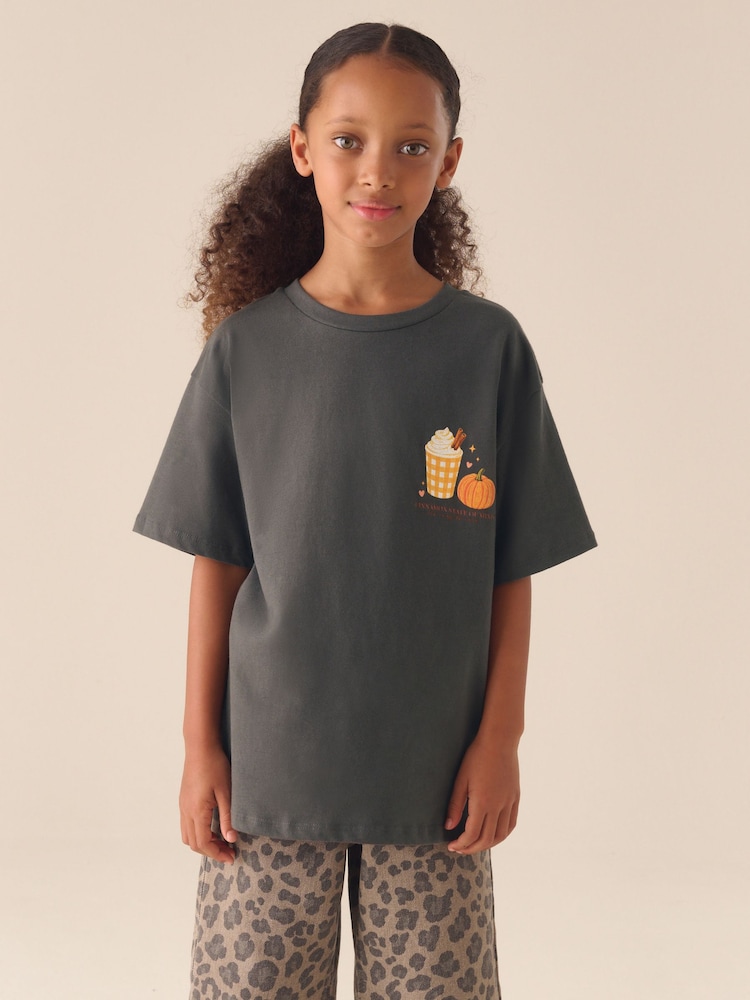 Charcoal Grey Pumpkin Oversized Graphic T-Shirt (3-16yrs) - Image 2 of 9