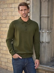 Pure Collection Green Cashmere Blend Long Sleeve Polo Shirt - Image 1 of 3