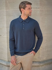 Pure Collection Blue Cashmere Blend Long Sleeve Polo Shirt - Image 1 of 2