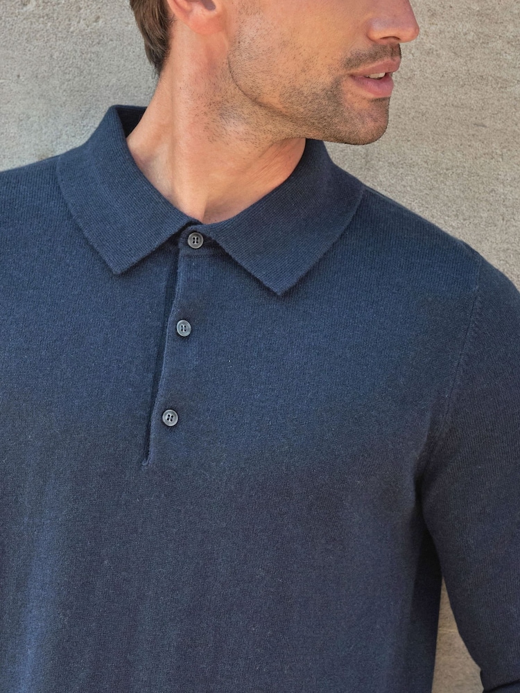 Pure Collection Blue Cashmere Blend Long Sleeve Polo Shirt - Image 2 of 2 Pure Collection Blue Cashmere Blend Long Sleeve Polo Shirt - Image 2 of 2