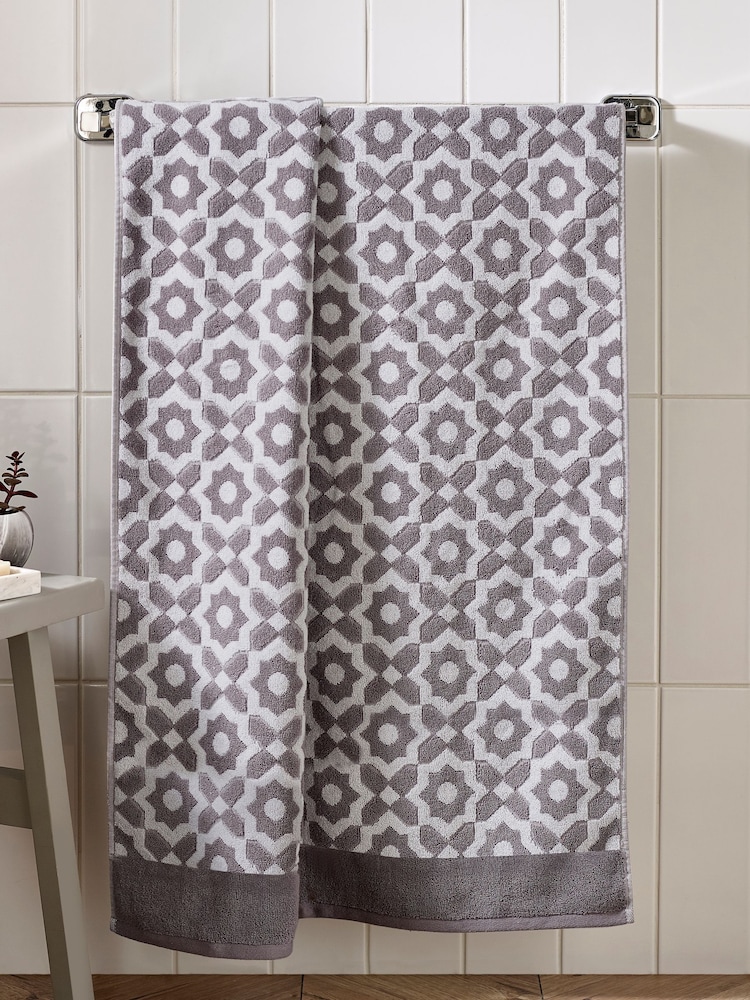 Grey Tile Geo Towel 100% Cotton - Image 1 of 4 Grey Tile Geo Towel 100% Cotton - Image 1 of 4