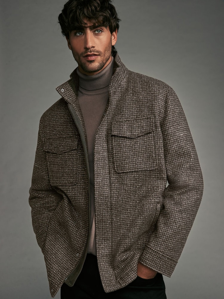 Brown Dogtooth Four Pocket Padded Coat with Wool - Image 1 of 13