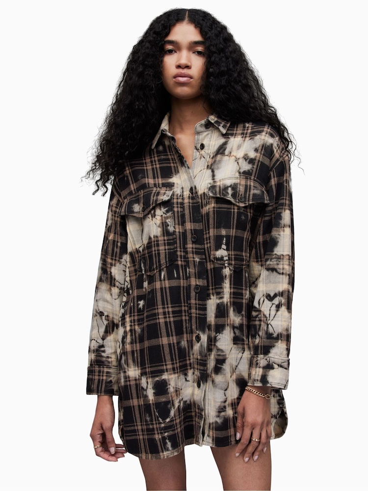 AllSaints Brown Cream 100% Cotton Check Lily Shacket - Image 1 of 7