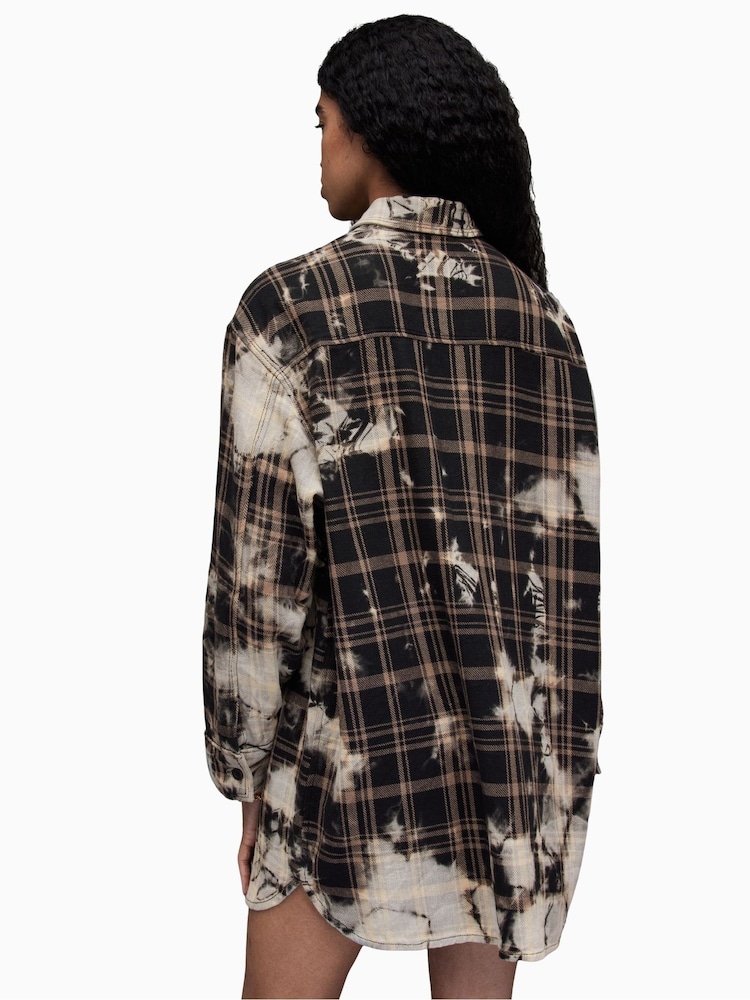 AllSaints Brown Cream 100% Cotton Check Lily Shacket - Image 2 of 7