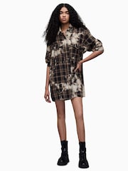 AllSaints Brown Cream 100% Cotton Check Lily Shacket - Image 4 of 7