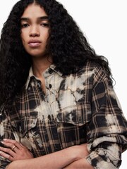 AllSaints Brown Cream 100% Cotton Check Lily Shacket - Image 6 of 7