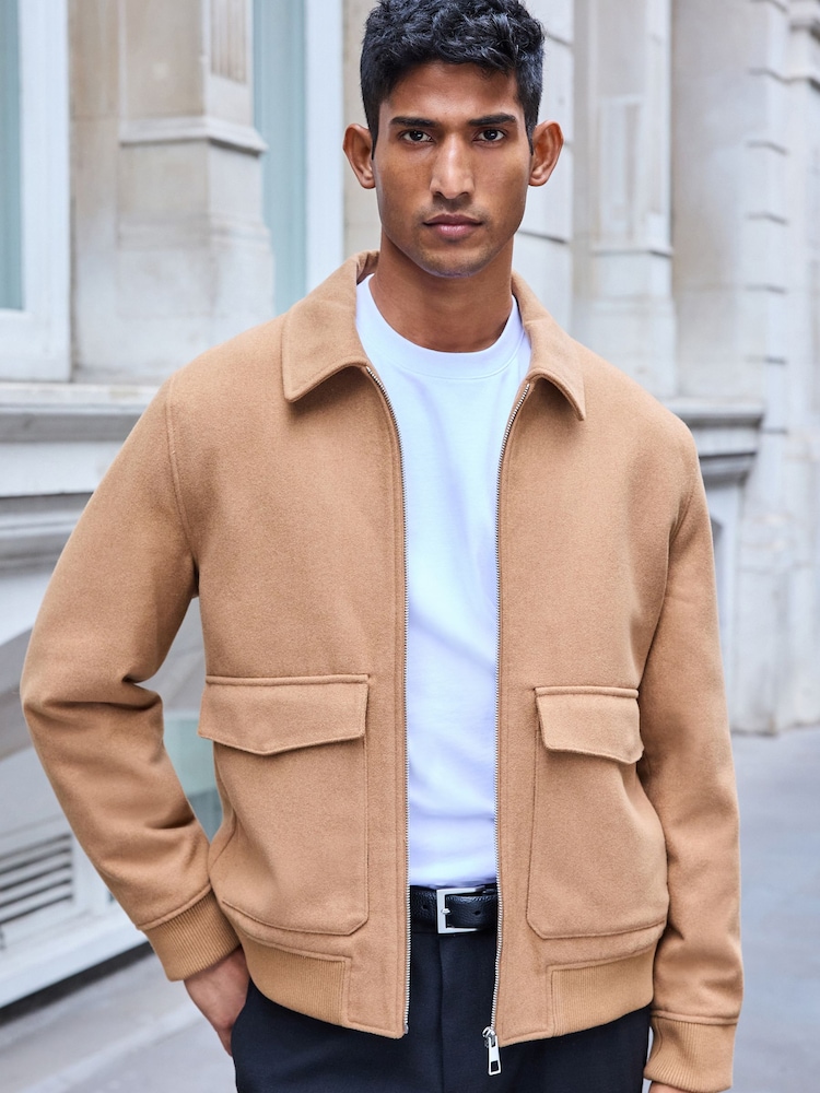 Camel Neutral Zip Through Padded Jacket with Wool - Image 1 of 11