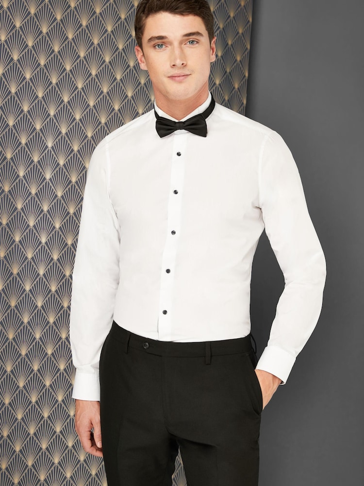 White Slim Fit Single Cuff Wing Collar Shirt And Black Bow Tie Set - Image 1 of 5 White Slim Fit Single Cuff Wing Collar Shirt And Black Bow Tie Set - Image 1 of 5