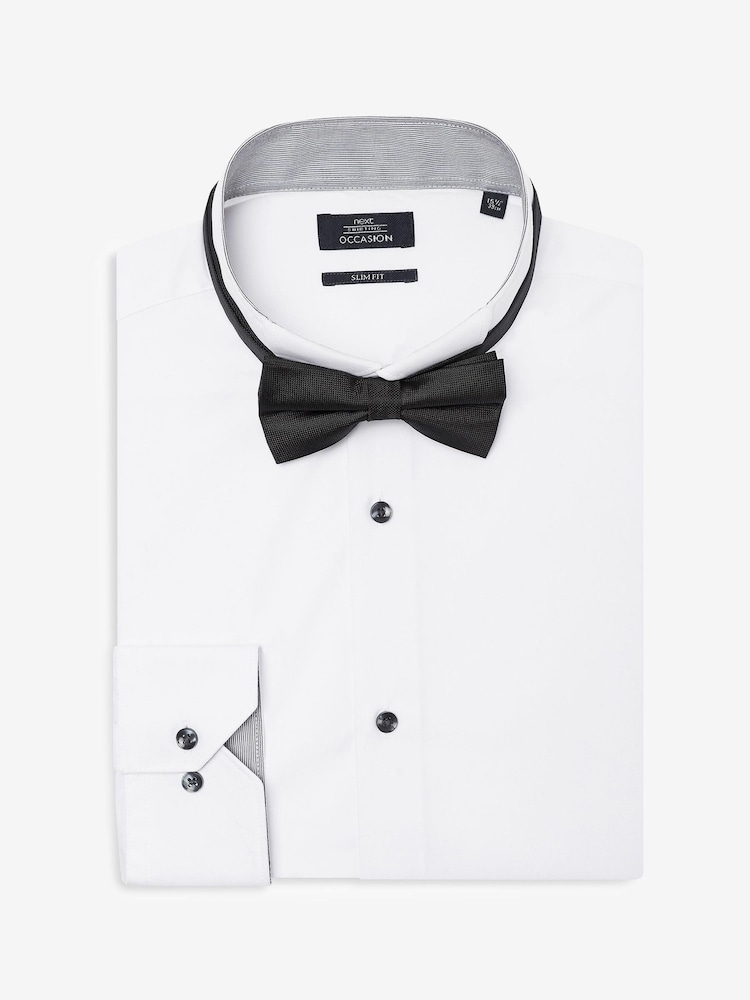 Biały - Slim Fit Single Cuff - Zestaw z koszulą z łamanym kołnierzem i czarną muszką - Image 2 of 5