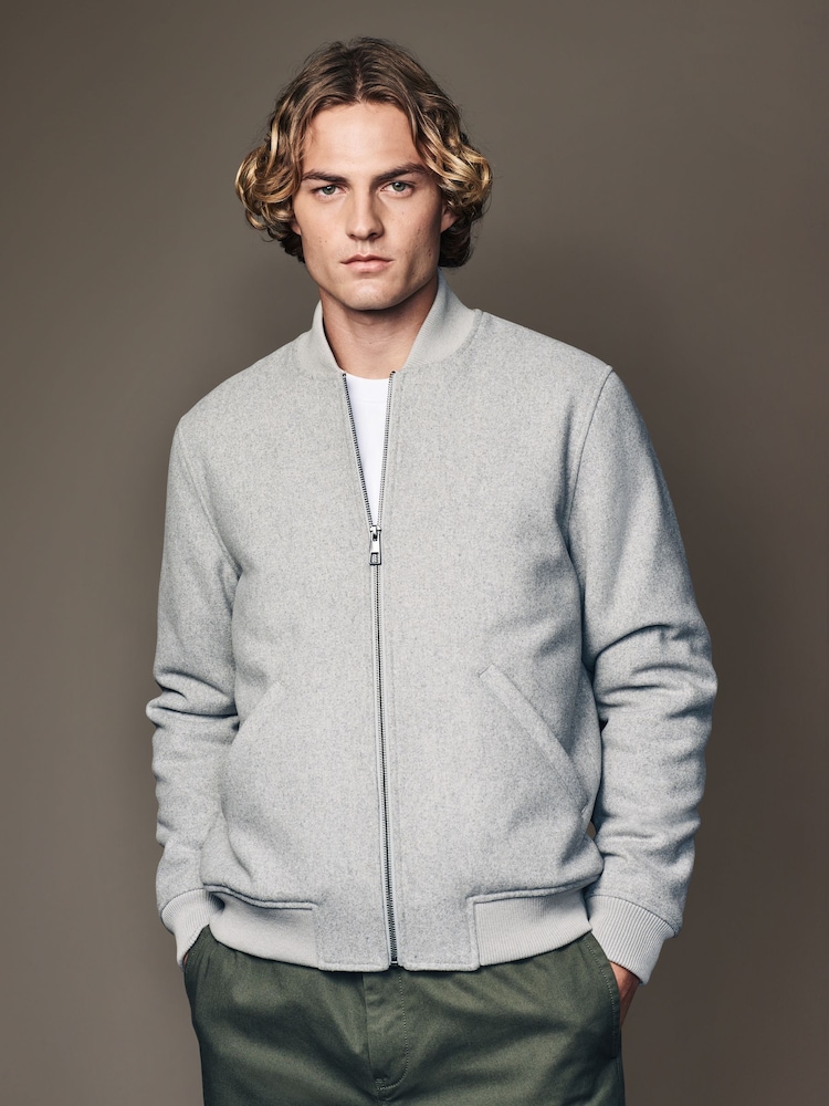 Light Grey Padded Bomber Jacket with Wool - Image 1 of 12