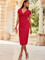 Sosandar Red Short Sleeve Lace Dress - Image 4 of 5