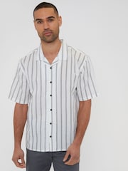 Threadbare White Short Sleeve Striped Linen Blend Shirt - Image 1 of 4