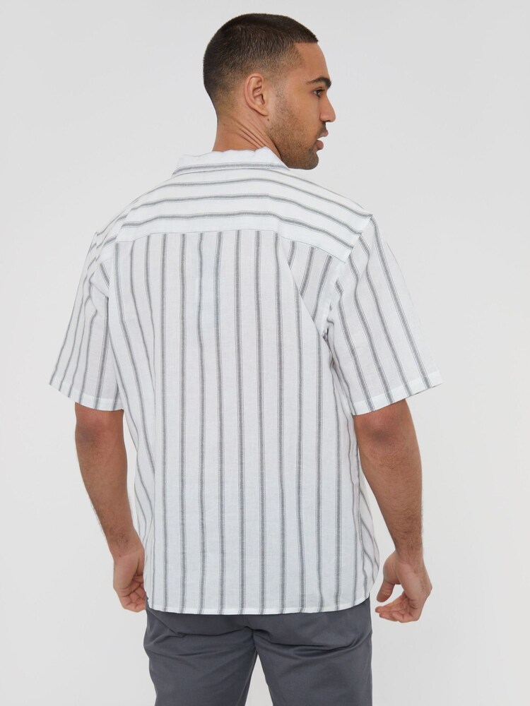 Threadbare White Short Sleeve Striped Linen Blend Shirt - Image 2 of 4