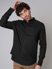 Threadbare Black Linen Blend Long Sleeve Shirt - Image 1 of 4