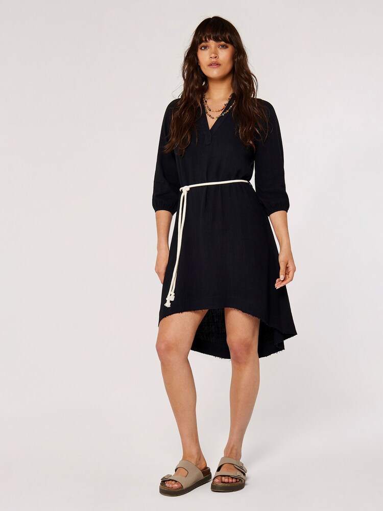 Apricot Black Touch of Linen & Cotton V-neck Rope Belt Dress - Image 1 of 5