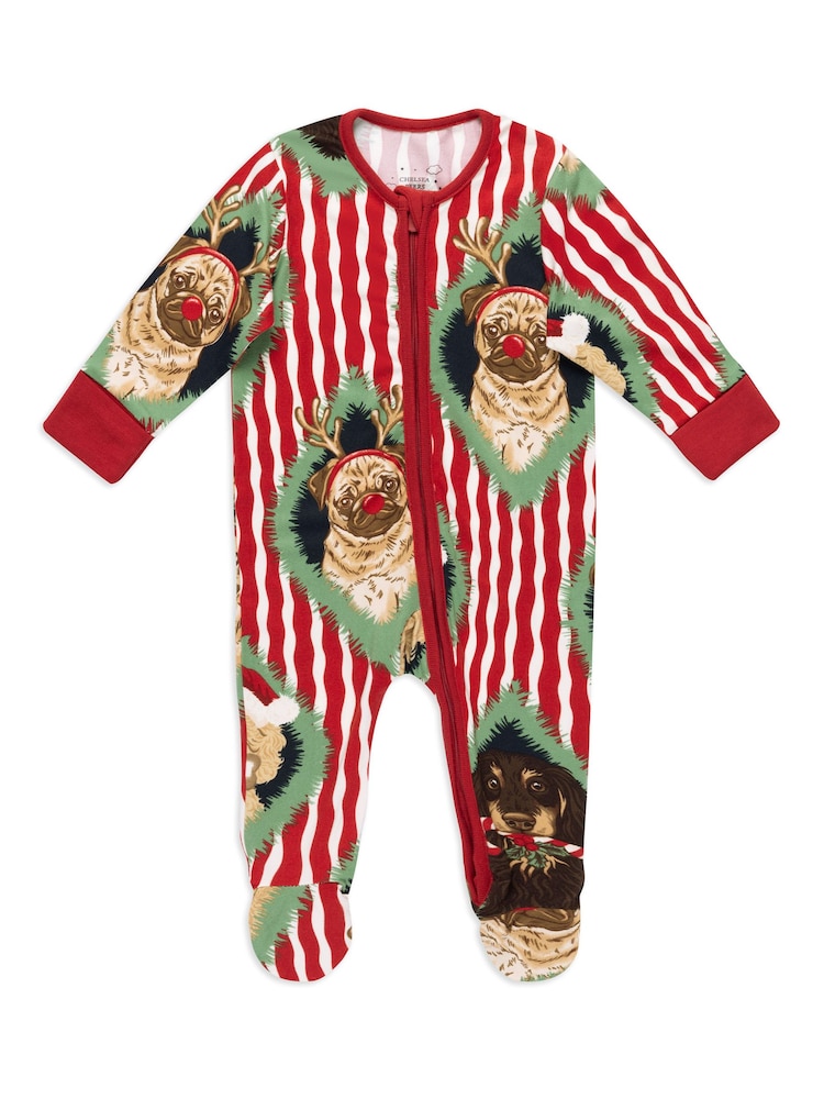 Chelsea Peers Red Baby Christmas Chip & Friends Stripe Print Sleepsuit - Image 1 of 3 Chelsea Peers Red Baby Christmas Chip & Friends Stripe Print Sleepsuit - Image 1 of 3