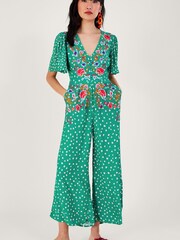 Monsoon Green Rori Embroidered Jumpsuit in Sustainable Viscose - Image 1 of 4
