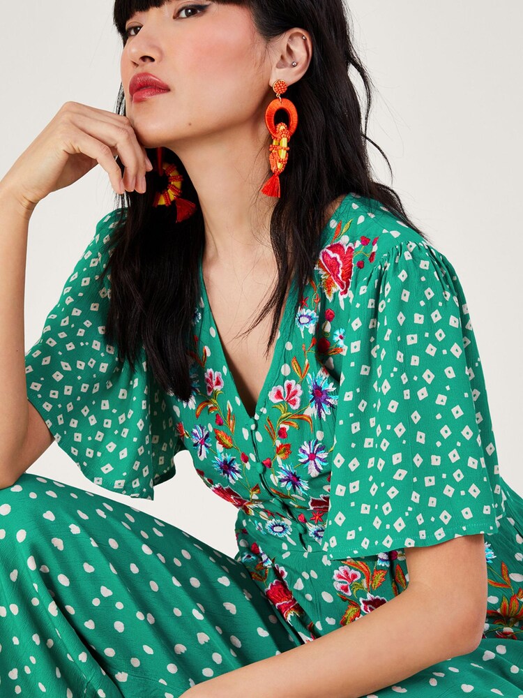 Monsoon Green Rori Embroidered Jumpsuit in Sustainable Viscose - Image 2 of 4