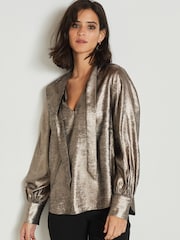 Bronze Brown Tie Neck Long Sleeve Blouse - Image 1 of 6