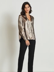 Bronze Brown Tie Neck Long Sleeve Blouse - Image 2 of 6