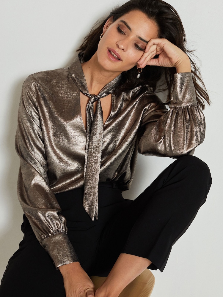 Bronze Brown Tie Neck Long Sleeve Blouse - Image 4 of 6