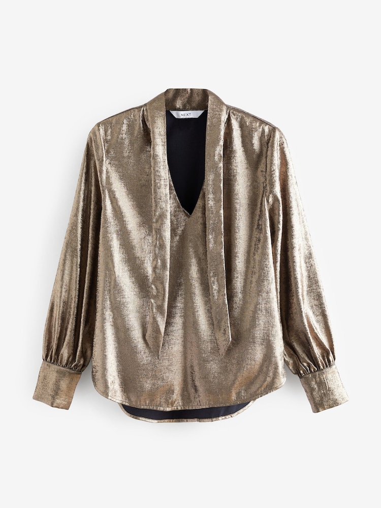 Bronze Brown Tie Neck Long Sleeve Blouse - Image 5 of 6